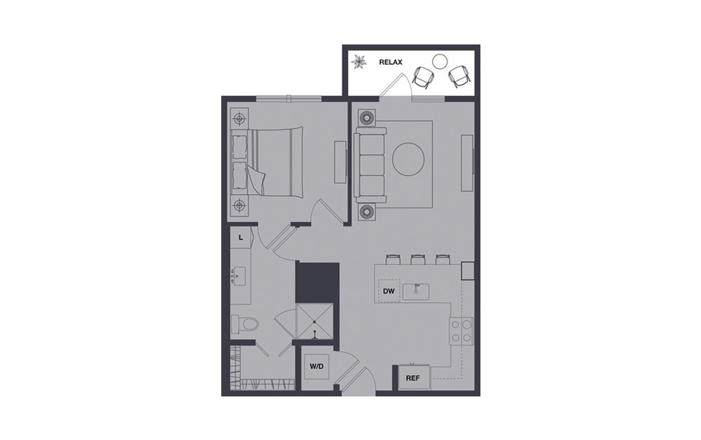 A2 - 1 bedroom floorplan layout with 1 bath and 629 to 649 square feet.