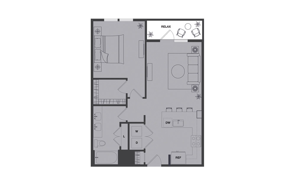 A5 - 1 bedroom floorplan layout with 1 bath and 714 square feet.