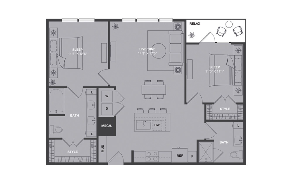 B1 - 2 bedroom floorplan layout with 2 baths and 1016 square feet.