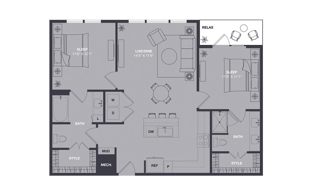 B2 - 2 bedroom floorplan layout with 2 baths and 1016 square feet.