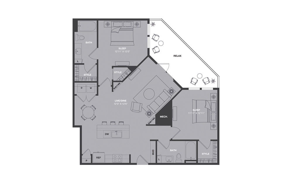 B3 - 2 bedroom floorplan layout with 2 baths and 1137 square feet.