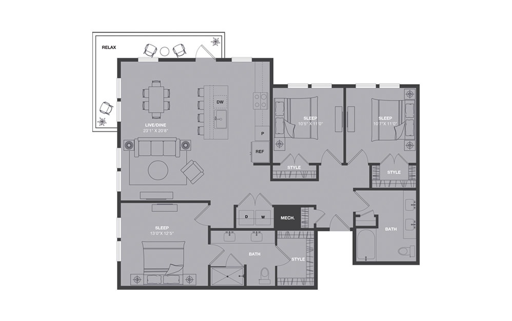 C1 - 3 bedroom floorplan layout with 2 baths and 1360 square feet.