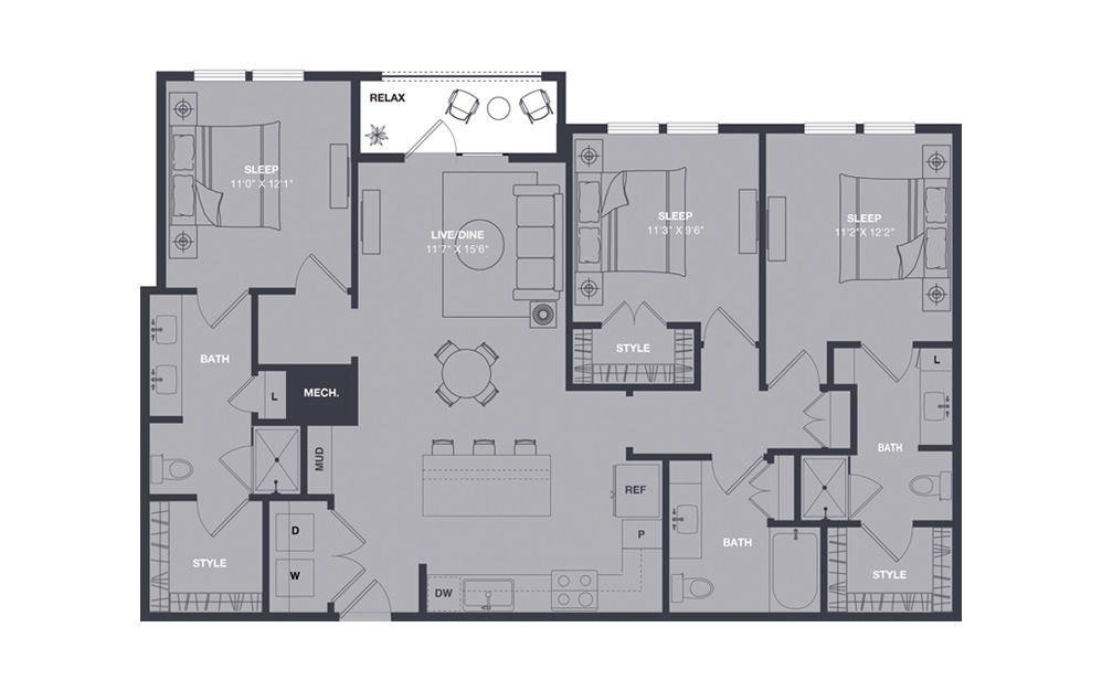 C2 - 3 bedroom floorplan layout with 3 baths and 1392 to 1401 square feet.