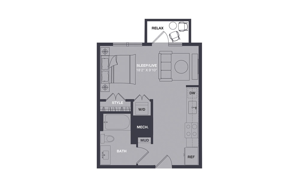 E1 - Studio floorplan layout with 1 bath and 437 square feet.